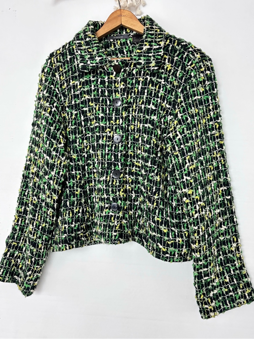 Liz Claiborne Blazer Snap Button Front Black Green Yellow Short Cropped Large